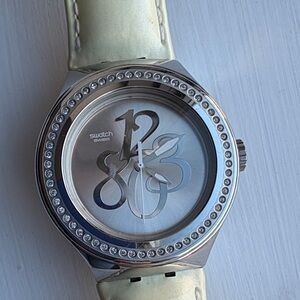 Swatch Silver Dial with Cream Strap Watch